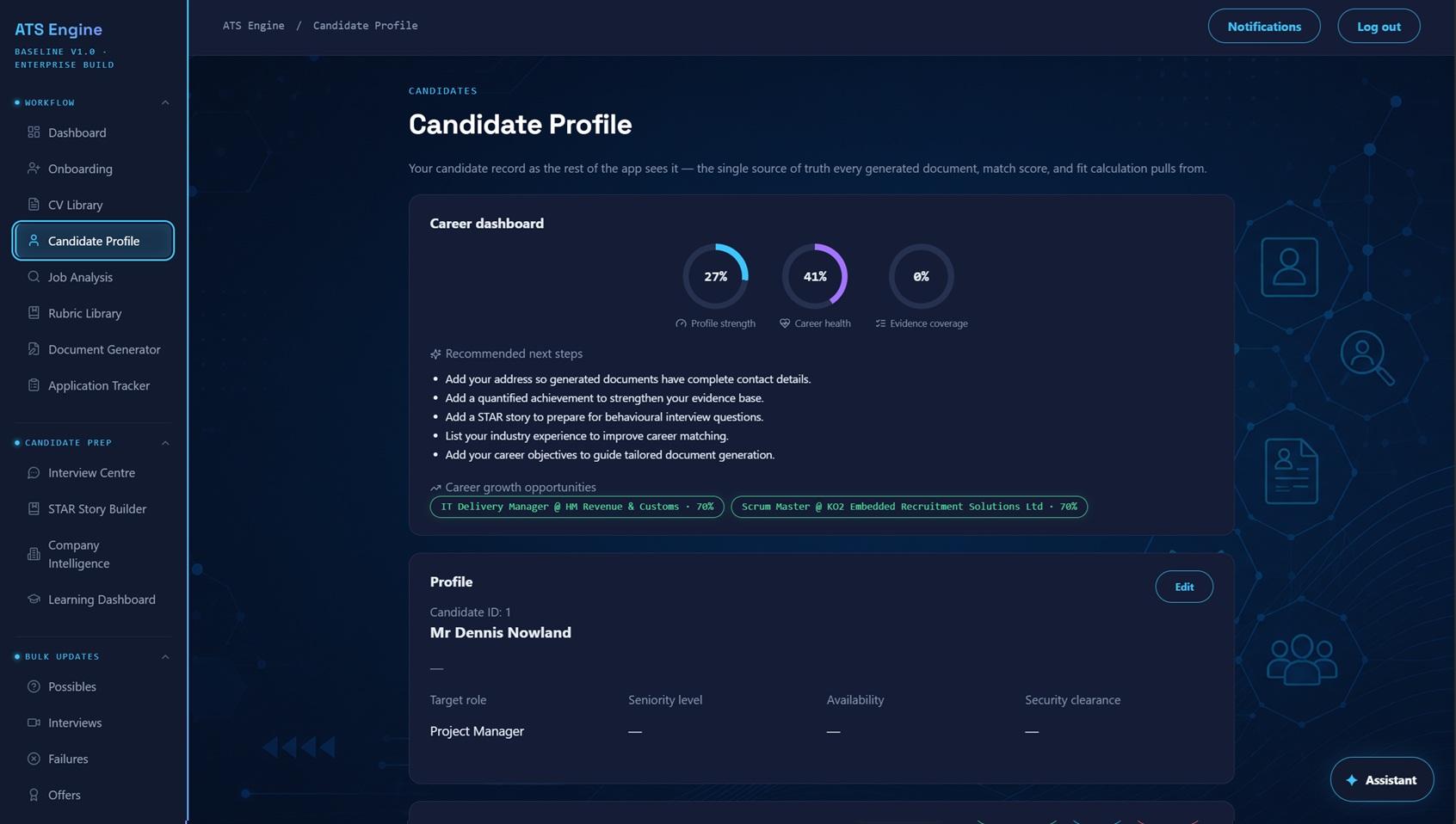 ATS Engine Candidate Profile Page